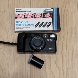 Vivitar 300z zoom film camera, macro lens & filters, kodak gold